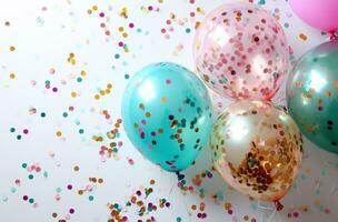 AI generated colorful balloons and confetti on a white background photo