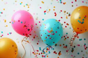 ai generado vistoso globos y papel picado en un blanco antecedentes foto