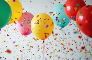 ai generado vistoso globos y papel picado en un blanco antecedentes foto