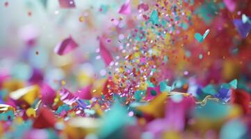 AI generated colorful birthday confetti flies from paper bags, photo