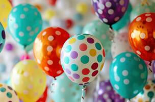 ai generado vistoso globos y papel picado en un blanco antecedentes foto