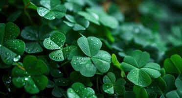 AI generated several green clover leaves growing on a dark background photo