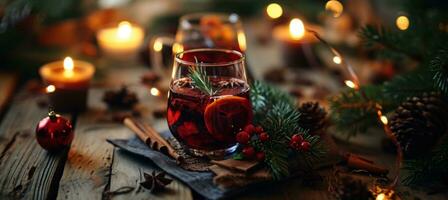 ai generado Navidad reflexionado vino con Navidad follaje en un de madera mesa y Navidad paño foto