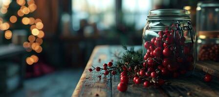 AI generated christmas berry in a jar on wooden table photo