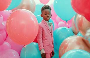 ai generado un chico en un rosado traje estar detrás algunos globos foto