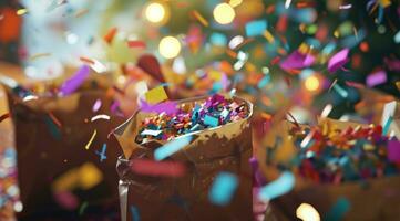 AI generated colorful birthday confetti flies from paper bags, photo