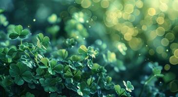 AI generated shamrock leaves on green background with bokeh photo