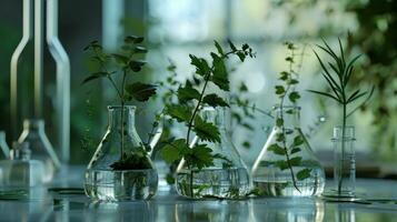 ai generado algunos vasos de precipitados con plantas creciente en el agua foto