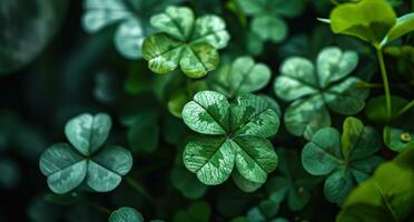 AI generated several green clover leaves growing on a dark background photo