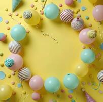 AI generated several balloons and candies are arranged in a circle on a yellow background photo