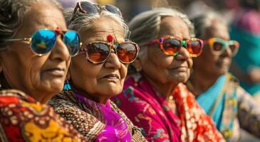 ai generado varios más viejo mujer vistiendo vistoso Gafas de sol y Gafas de sol foto