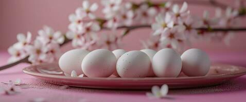 ai generado blanco huevos en un fila en rosado plato foto