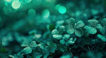 AI generated shamrock leaves on green background with bokeh photo