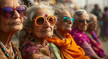 ai generado varios más viejo mujer vistiendo vistoso Gafas de sol y Gafas de sol foto