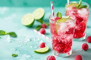 AI generated with lime and a raspberry, two glasses of raspberry lemonade photo