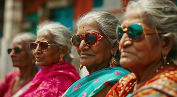 ai generado varios más viejo mujer vistiendo vistoso Gafas de sol y Gafas de sol foto