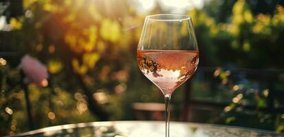 AI generated wine glass of pink wine on a table in the summer garden photo