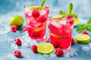 AI generated with lime and a raspberry, two glasses of raspberry lemonade photo