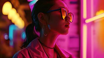 AI generated woman in a pink jacket and sunglasses and pink background photo