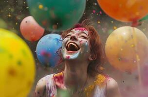 AI generated woman laughing with colorful balloons in the air, photo