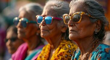 ai generado varios más viejo mujer vistiendo vistoso Gafas de sol y Gafas de sol foto