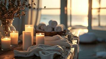 AI generated spa table full of towels and white candles photo