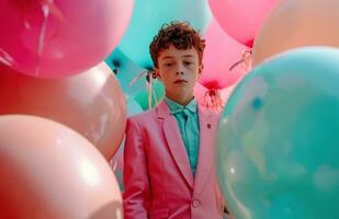 ai generado un chico en un rosado traje estar detrás algunos globos foto