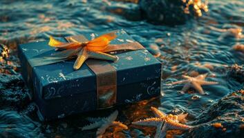 AI generated a blue box with a gold ribbon on the sea star background photo