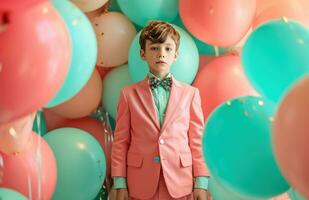 AI generated a boy in a pink suit stand behind some balloons photo