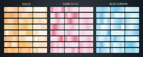 Gold, rose gold and blue chrome metallic gradients set vector