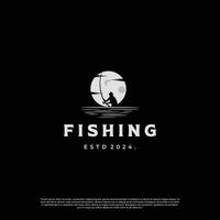 Silhouette of night fishing logo design concept vector