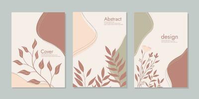 resumen cubre botánico bandera con formas hojas, rama y plantas. conjunto de vector ilustraciones. boho estético tema