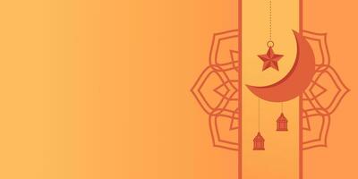 Orange Islamic background, with mandala, moon, stars and lantern ornaments. free copy space area. vector template for banner, greeting card for Islamic holidays, eid al-fitr, ramadan, eid al-adha