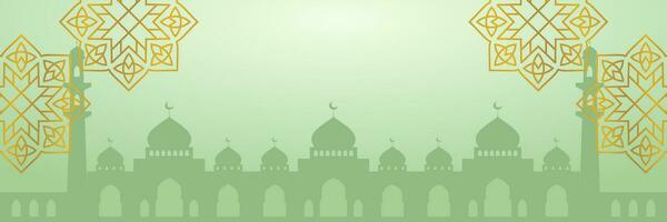Islamic green background, with mandala ornament and mosque silhouette. vector template for banner, greeting card for Islamic holidays.