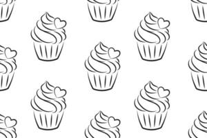 Seamless pattern, linear silhouettes of cupcakes, line art on a white background. Sweet desserts. Food background, vector