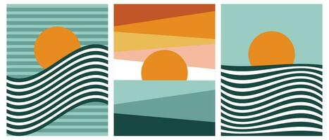 Set of vintage landscape backgrounds with sun and sea waves. Retro tapestries in boho style. Vector