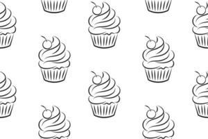 Seamless pattern, linear silhouettes of cupcakes, line art on a white background. Sweet desserts. Food background, vector