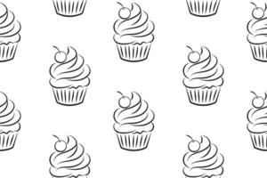 Seamless pattern, linear silhouettes of cupcakes, line art on a white background. Sweet desserts. Food background, vector