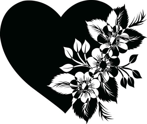 Love shape silhouette design with leaves and flower on a white background