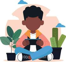 boy playing with phone vector