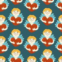 Amur baby with heart vector seamless pattern. Funny cupid, Valentine's Day Romantic texture background