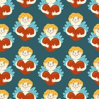 Amur baby with heart vector seamless pattern. Funny cupid, Valentine's Day Romantic texture background