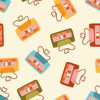 Stereo cassette with stickers of hearts and text for you vector seamless pattern. Valentine's Day Audio cassettes of love Romantic texture background