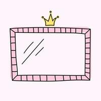 Cute square vector mirror in pink color. Whimsical vintage hand drawn frames, crowns and swirls, decorative border.