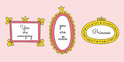 Set of mirror frames with crowns. Vector hand-drawn doodle elements of different shapes, frames for little princesses. Cute quotes, borders, pink and yellow colors.