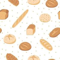 Hand drawn seamless pattern with different type of bread and dots. Baked goods background. Design for bakery, home textile vector