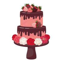 fresa pastel con chocolate y rosas. un dos plantas pastel con fresas en un pararse. ilustrado vector clipart.