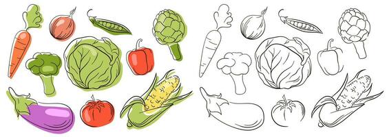 Vegetables set in line art style. Illustration of colored and monochrome vegetables for design farm product, menu, restaurants, vegetarian shop. Vector illustration isolated on a white background.