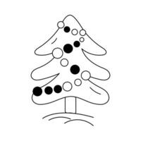 Doodle isolated Christmas tree Black and white Vector illustration. New Year fir tree, Balls garland. Design for print, pattern, postcard, post, coloring, card, pattern, decorations textile, fabric.