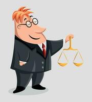 lawyer in elegant suit holding scales of justice, cartoon in vector